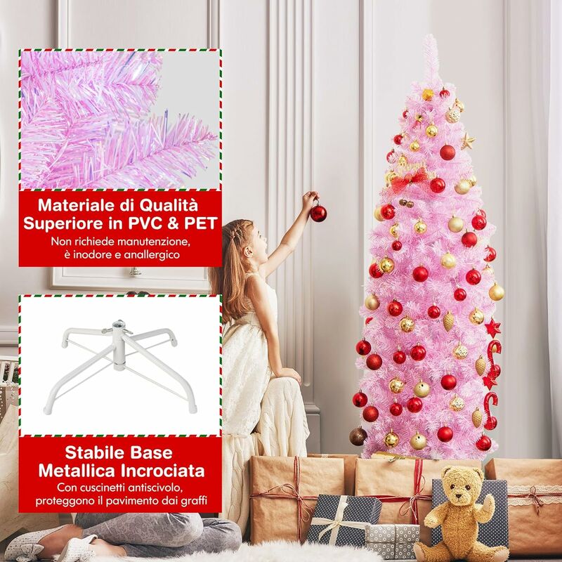 COSTWAY Albero di Natale Artificiale Pre-Illuminato da 180 CM, Albero di  Natale Slim Rosa con 475 Rami, 250 Luci LED, Base Pieghevole in Metallo,  Decorazione Natalizia per Casa Ufficio Feste