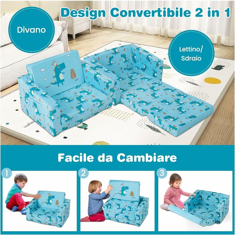 HESHS Divano Pieghevole per Bambini - Divano trasformabile per Bambini 2 in  1 in Lettino - Simpatico e Comodo dormiente apribile per Bambini, Ragazzi