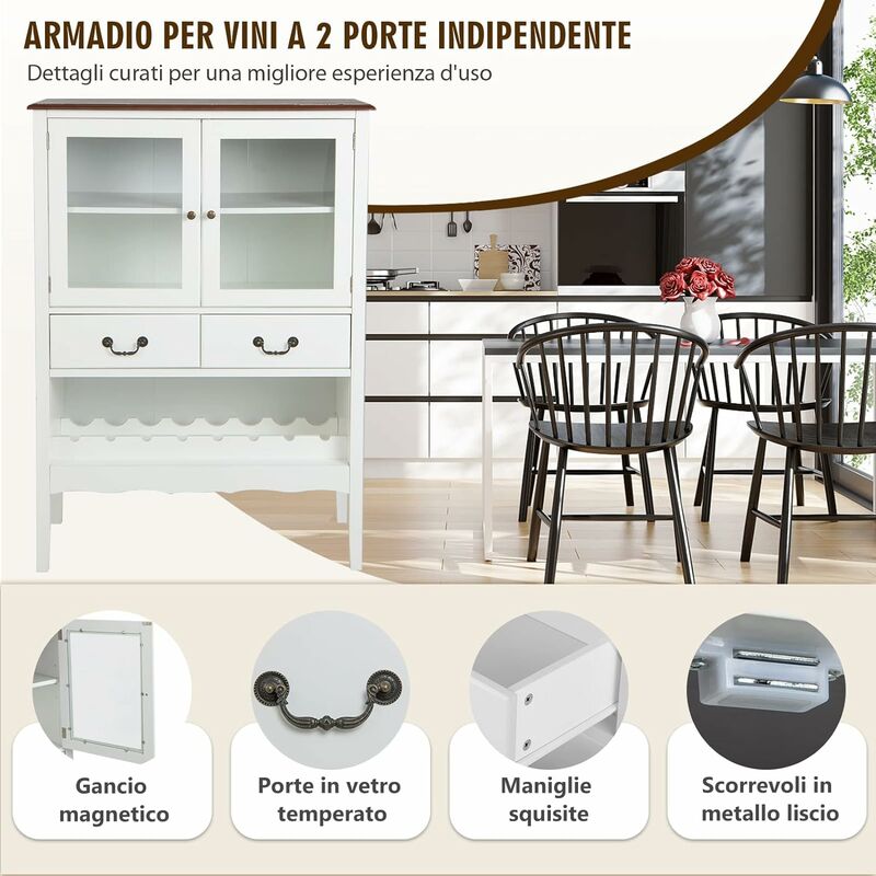 COSTWAY Mobile contenitore indipendente, con 2 porte in vetro temperato, 2  cassetti, portabottiglie aperto, stazione bar ad angolo per sala da pranzo  e soggiorno