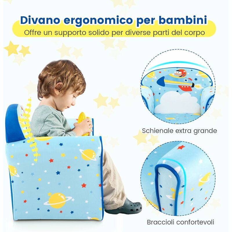 COSTWAY Divano per Bambini, Poltrona Imbottita per Bambini con Telaio in  Legno Massiccio, Superficie in Velluto Morbido e Riempimento in Schiuma ad  Alta Densità, per Camera da Letto (Azzurro)