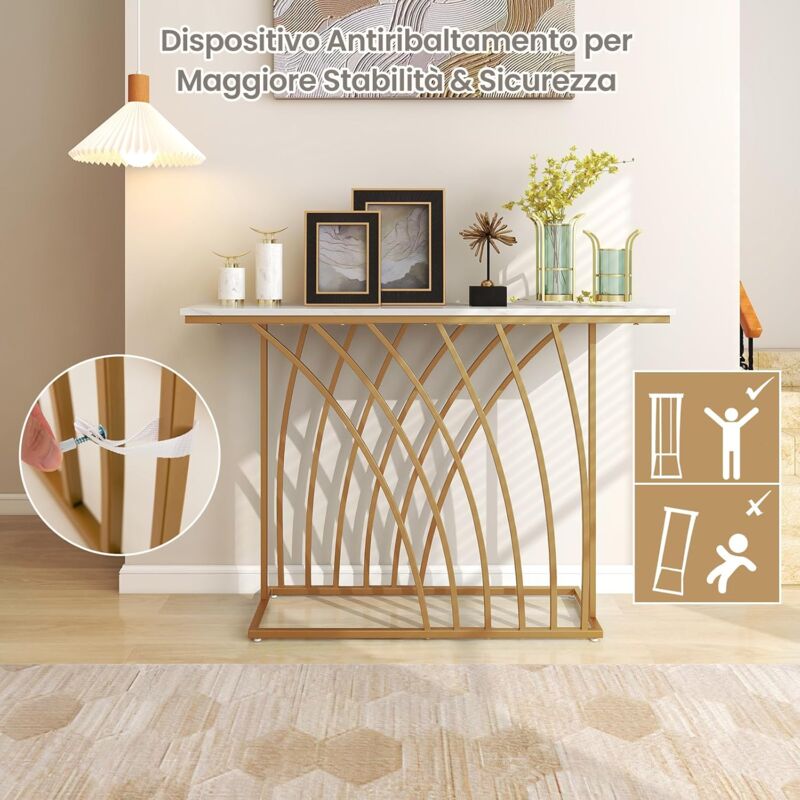 Tavolo Consolle Moderno COSTWAY 120 Cm - Piano Effetto Marmo, Struttura Geometrica Dorata, Con Kit Antiribaltamento