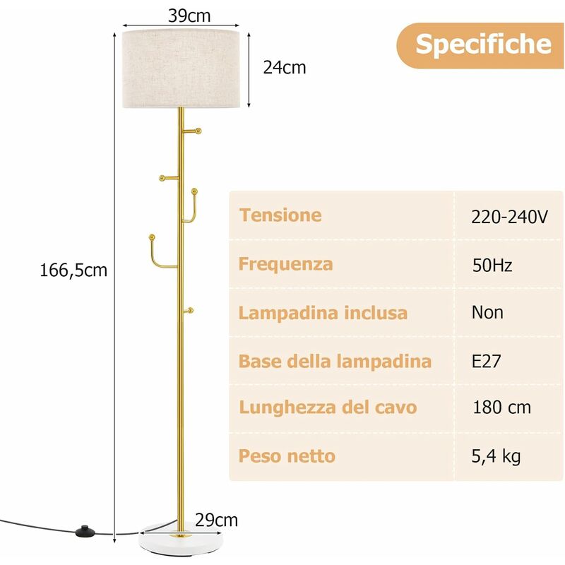 COSTWAY Lampada da Terra con Appendiabiti, Lampada Attaccapanni con 5 Ganci  e Interruttore a Pedale, Base Resistente, Lampada a Stelo alta per Camera  da Letto, Soggiorno