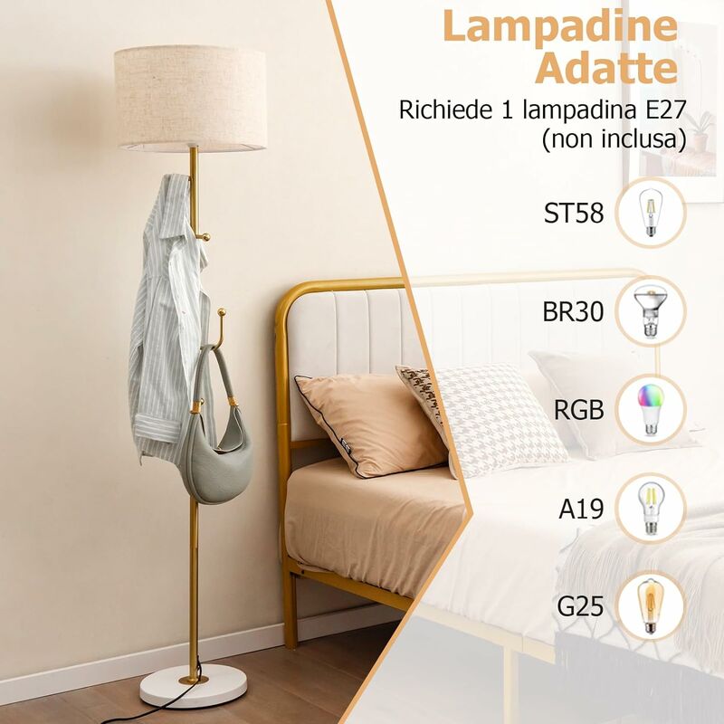 COSTWAY Lampada da Terra con Appendiabiti, Lampada Attaccapanni con 5 Ganci  e Interruttore a Pedale, Base Resistente, Lampada a Stelo alta per Camera da  Letto, Soggiorno