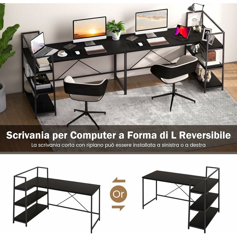 COSTWAY Scrivania per Computer a Forma di L da 148 cm, Scrivania Angolare  Reversibile con 3 Ripiani Aperti, per Ufficio, Studio, Casa, 148 x 100 x 90  cm (nero)