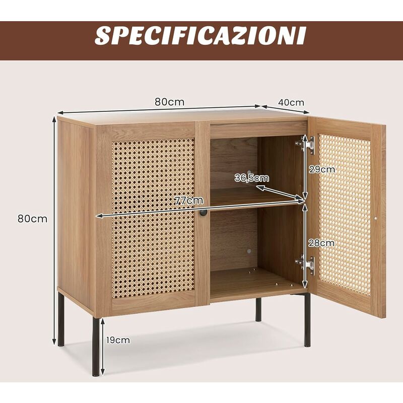 Credenza cucina in legno con 2 ante ripiano regolabile a 5 posizioni,  Mobile buffet portaoggetti Noce - Costway