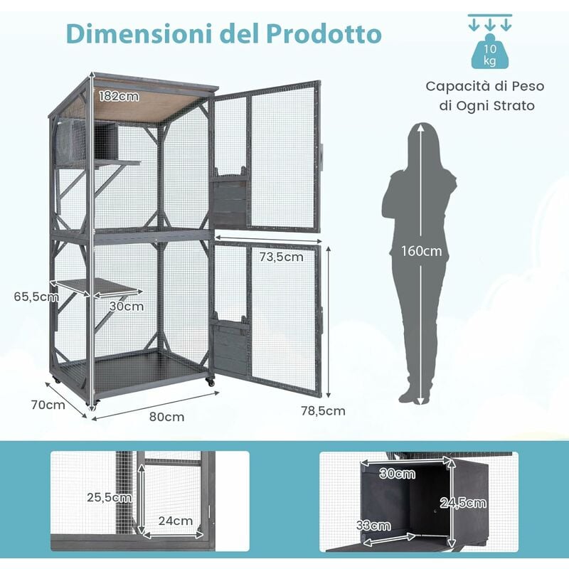 Casa per gatti resistente alle intemperie con scale balcone e tetto in  asfalto resistente all'acqua da esterno - Costway