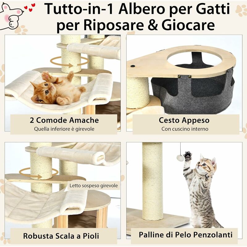 COSTWAY Albero per Gatti 197 CM, Tiragraffi per Gatti a Più