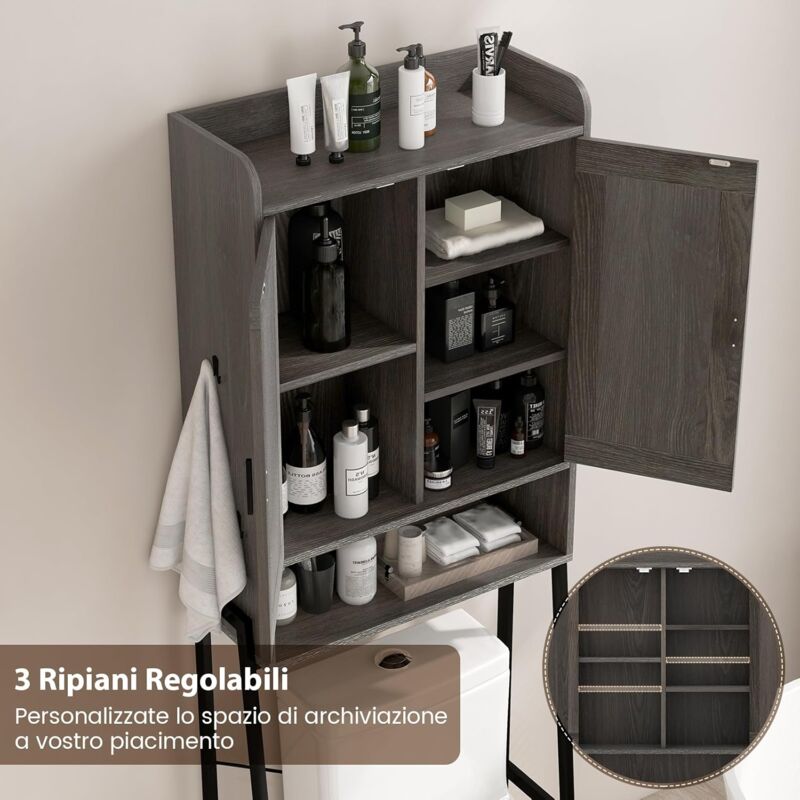 Mobile Sopra Wc Scaffale Bagno COSTWAY Sopra WC - 4 Ripiani, Nero/Marrone, 60x24x177 Cm, Salvaspazio Mobiletto Bagno Con Ripiani - 12