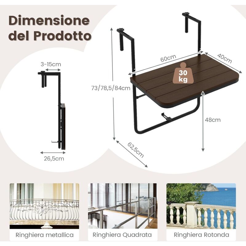 Tavolino Rotondo Pieghevole COSTWAY 59cm - Piano Vetro Temperato, Per Esterni Giardino Terrazzo Balcone - Foto 5