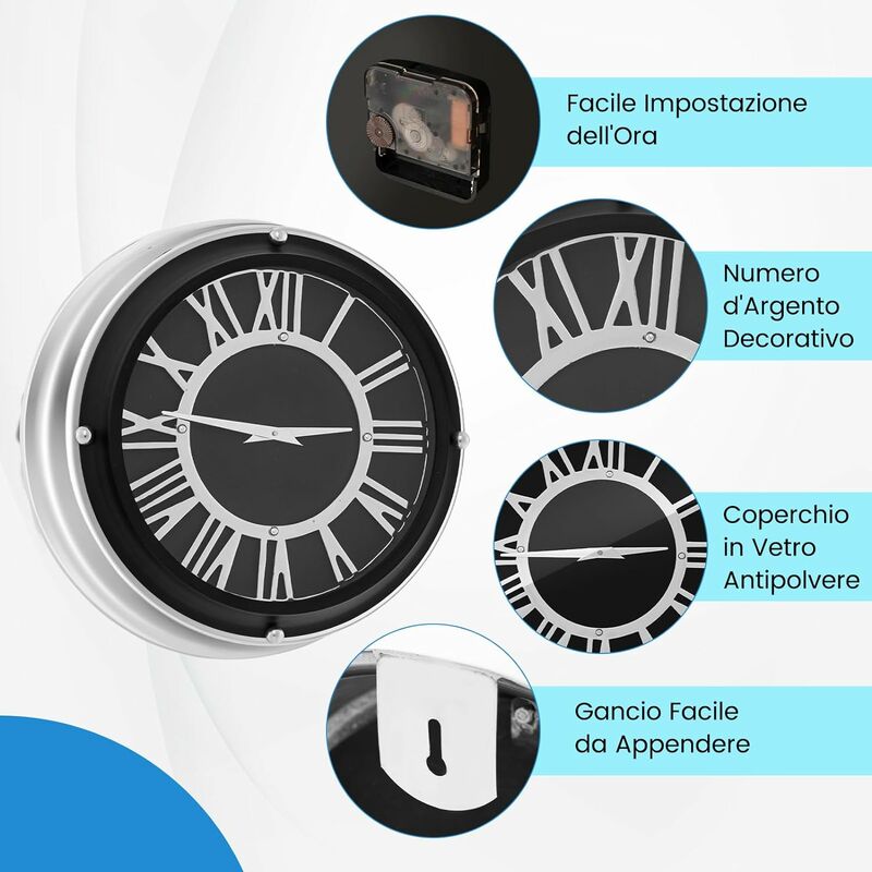 COSTWAY Orologio da Parete 34,5 cm, Orologio Silenzioso con Numeri Romani,  Copertura in Vetro, Orologio Moderno Decorativo per Soggiorno Camera da  Letto Ufficio (Stile 2 S)