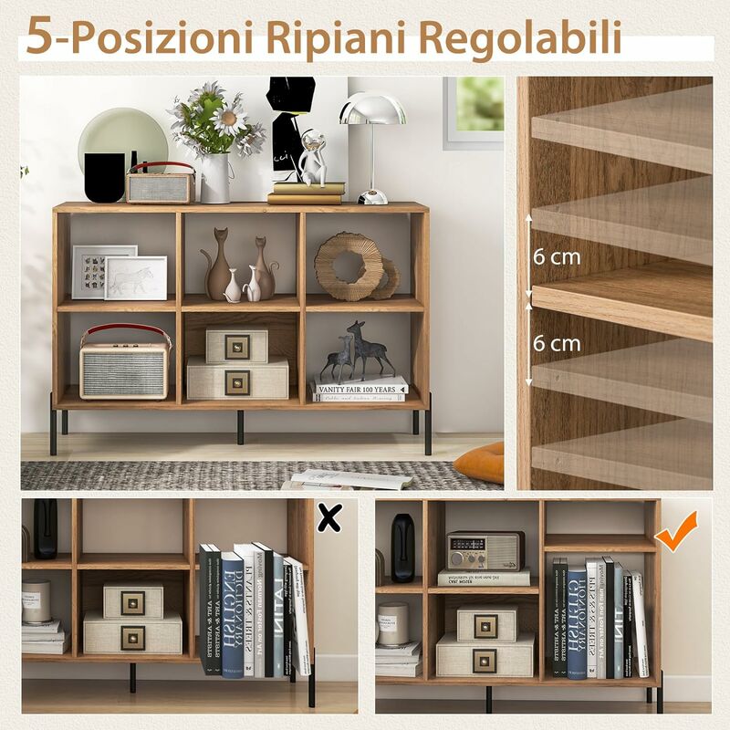 COSTWAY Scaffale a 6 Cubi, Libreria Aperta in Legno con Gambe Metalliche,  Ripiani Regolabili in 5 Posizioni, Dispositivo Antiribaltamento, Scaffale  per Casa e Ufficio, 120 x 35 x 79,5 cm