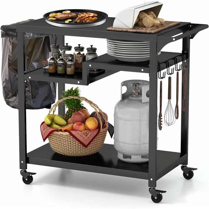 Outsunny Carrello Barbecue Con Piano In Acciaio Inox E Tavolino Laterale - 116x50x93 Cm | Carrello Da Esterno Con Ruote, Ganci E Apribottiglie