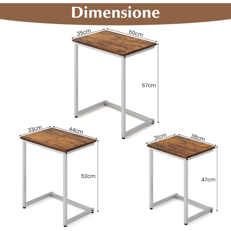 Set Di 3 Tavolini Sovrapponibili Quadrati | Piano Legno Quercia Grigia E Struttura Metallo - Risparmio Spazio