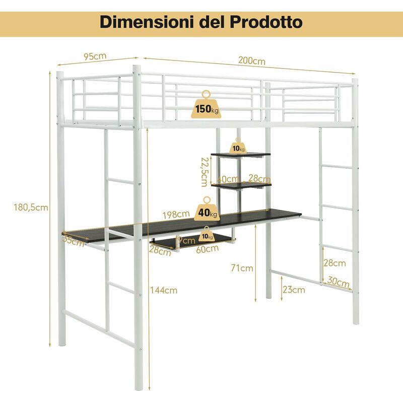 Costway Letto singolo a soppalco per bambini con scala e scivolo, Mini  struttura del letto con 4 barriere Nero>