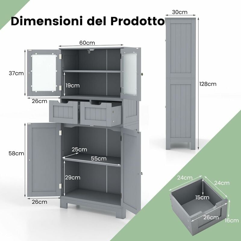 COSTWAY Armadio da Terra con 2 Ante e 1 Cassetto, Mobile da Bagno con  Ripiani Regolabili, Armadio Multifunzionale per Bagno Soggiorno Cucina