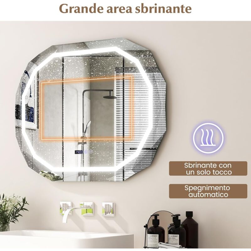 Specchio Da Parete Quadrato 75x75 Cm Per Bagno Con Luce LED E Antiappannamento 75x75 Cm Tobie - Foto 4