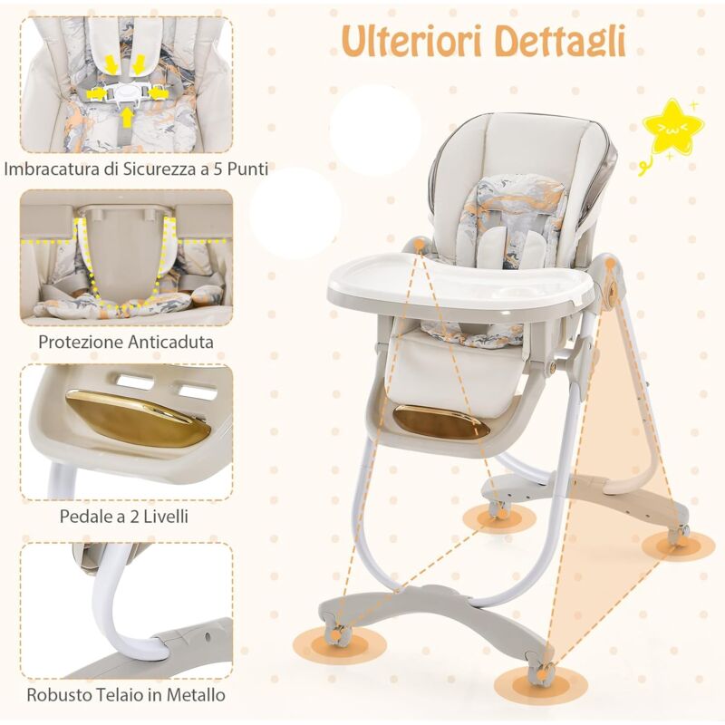 Seggiolone Evolutivo COSTWAY Pieghevole Beige: Regolabile In Altezza, Con Vassoio E Cuscino