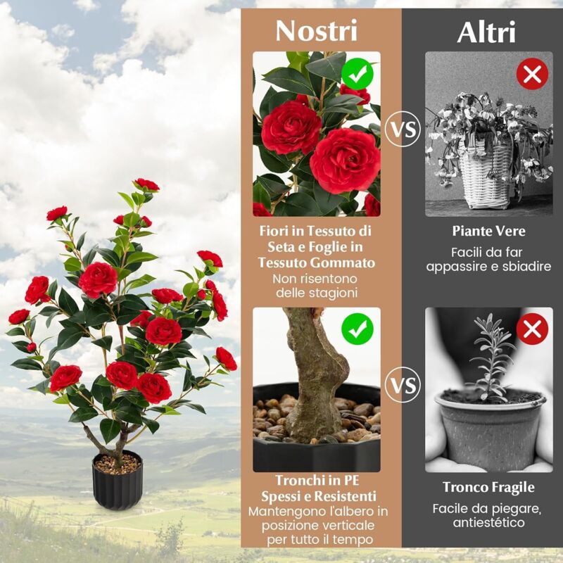 Albero Di Camelia Artificiale Da 95 Cm, Pianta Artificiale Con Fiori F In Vaso Di Cemento Decorazione Per Casa E Ufficio Giallo
