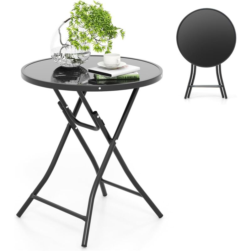 Set Di 2 Tavolini Pieghevoli Da Esterno Con Piano In Vetro Temperato - Tondi, In Metallo, Adatti A Giardino, Balcone, Terrazza, Facili Da Riporre