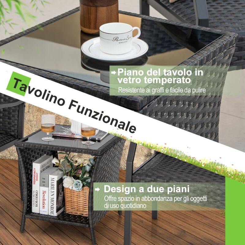 Set Giardino 3 Pezzi COSTWAY - Sedie E Tavolino In Rattan PE Con Cuscini, Per Esterno - Foto 2