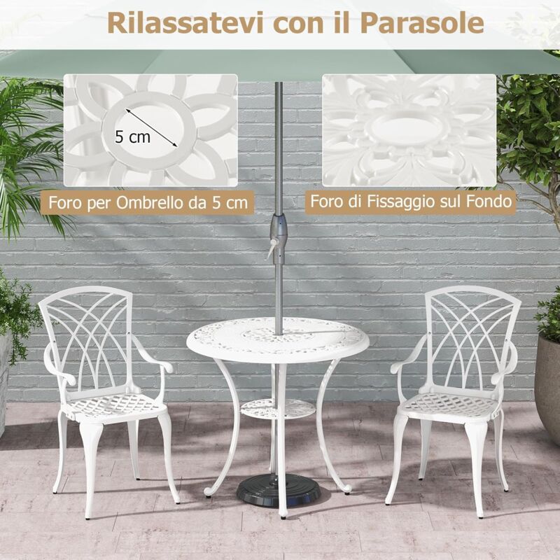 VINGLI Tavolino Rotondo In Alluminio Pressofuso Bianco Diametro 61 Cm Con Foro Ombrellone