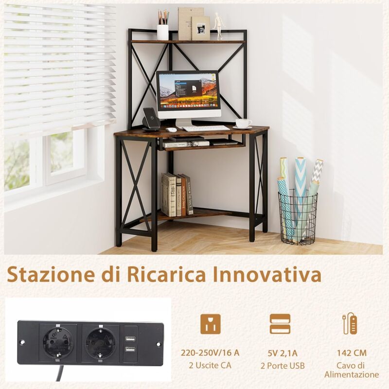Scrivania angolare con stazione di ricarica e supporto per monitor, Scrivania per computer con ganci e scaffale 2 Colori