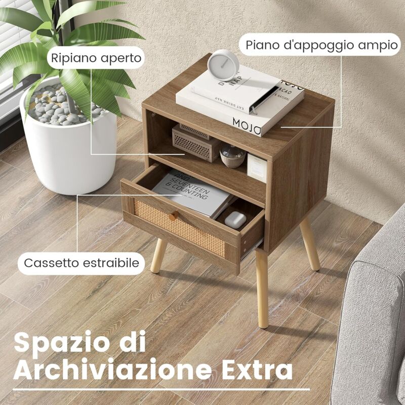 IBUYKE Comodino in rattan, tavolino boho con cassetto, ripiano aperto, comodino in legno, tavolino con gambe per camera da letto, soggiorno e piccoli