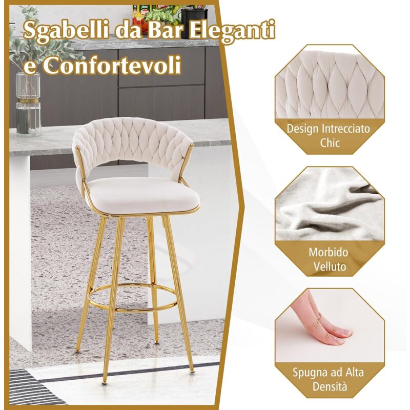 Set Di 2 Sgabelli Da Bar In Velluto Con Schienale, 65 Cm, Design Nordic Lusso, Con Gambe In Metallo E Poggiapiedi (Rosa, Oro, Bianco - 65 Cm)