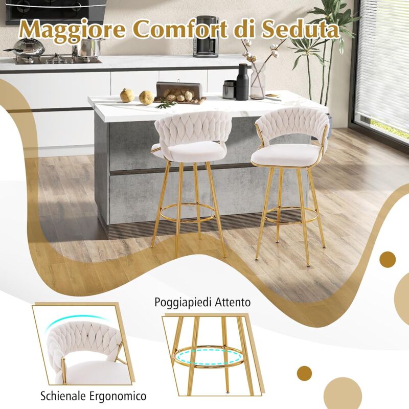 Set di 2 sgabelli da bar girevoli in velluto rosa con schienale 65 cm per cucina, isola, pub, design moderno, gambe nere