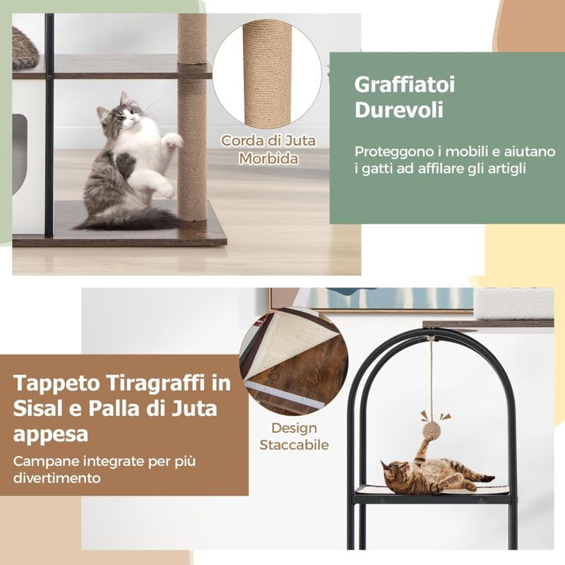 Tiragraffi Per Gatti Nobleza Con Massaggiatore | Palo In Sisal Naturale E Palline Giocattolo | Design Beige 60x30x30 Cm - Foto 5