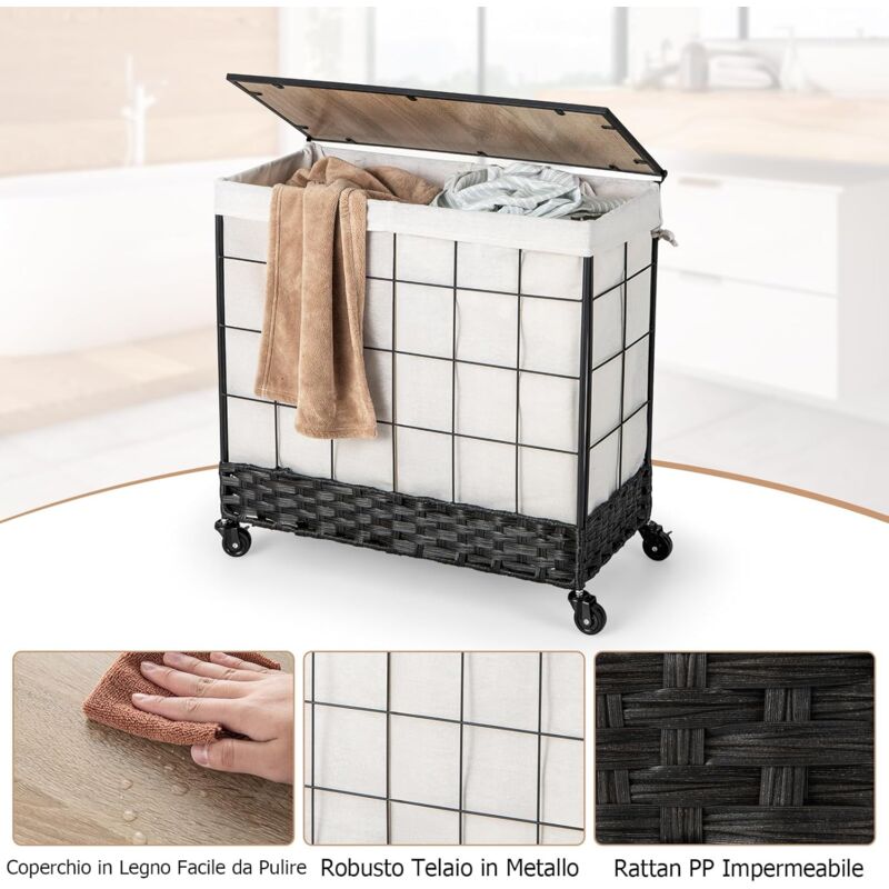 Lifewit 105L Cesta Portabiancheria Doppia Con Coperchio E Sacchi Rimovibili, Cesto Per Il Bucato - Foto 2