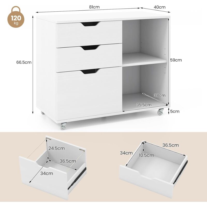 Cassettiera Ufficio HOMCOM Con 3 Cassetti - Con Ruote, Serratura E 2 Scomparti, Bianco 60x40x56 Cm - Foto 8