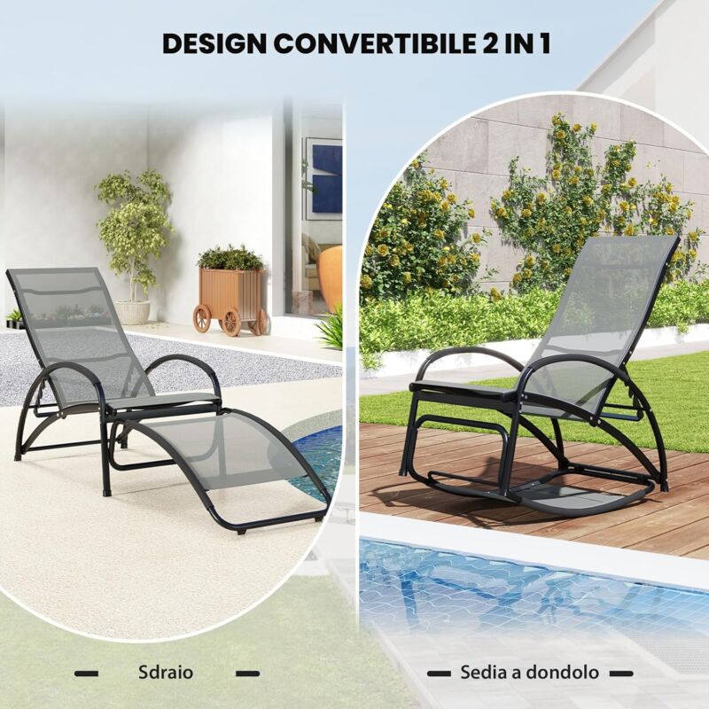 Sedia A Sdraio Con Poggiapiedi COSTWAY - Rattan PE Grigio, Dondolo Leggero, Pieghevole, Portata 160kg, Per Giardino/Veranda/Spiaggia