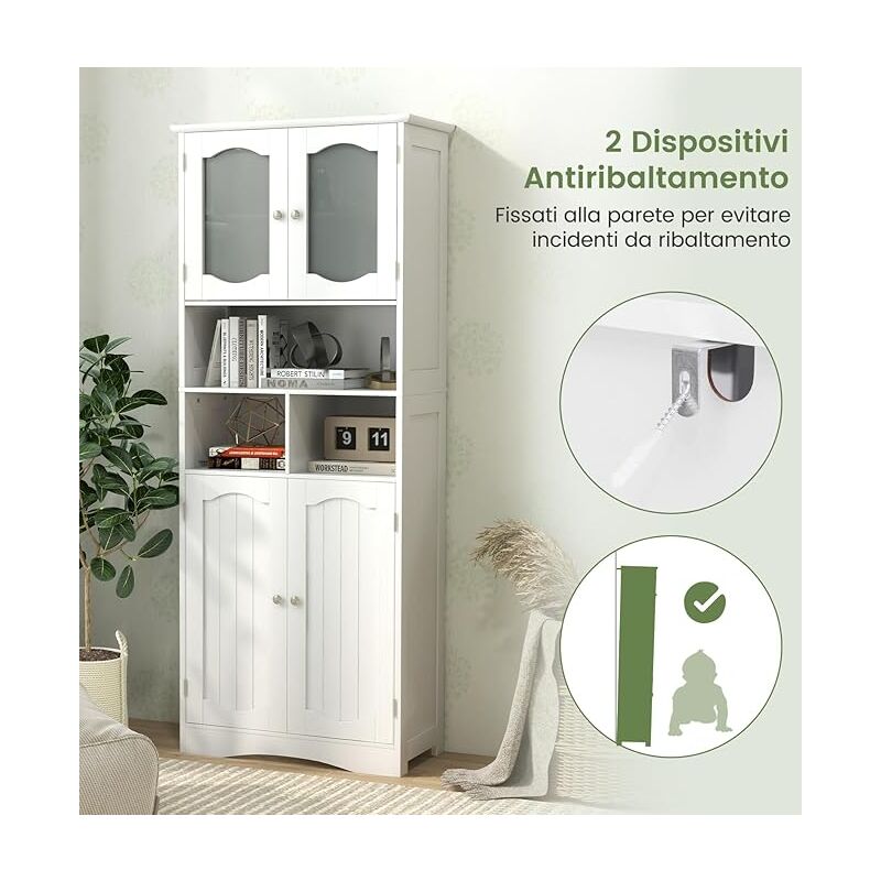 COSTWAY Armadio Salvaspazio 60x30x148,5 Cm: Mobile Bagno Con Ante In Vetro Satinato, Ripiani Regolabili E Antiribaltamento (Bianco)