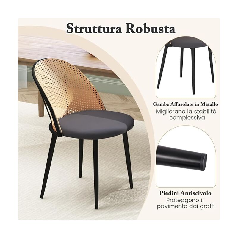 COSTWAY Set 2 Sedie Da Pranzo In Rattan PE E Metallo – Grigio, 57x53x78cm, Portata 150kg - 4