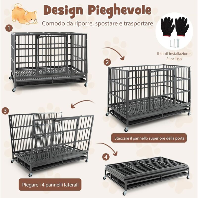 Gabbia Per Cani Pieghevole - In Acciaio Inox, Doppia Serratura, Vassoio Rimovibile E Ruote Per Facile Trasporto - Foto 8