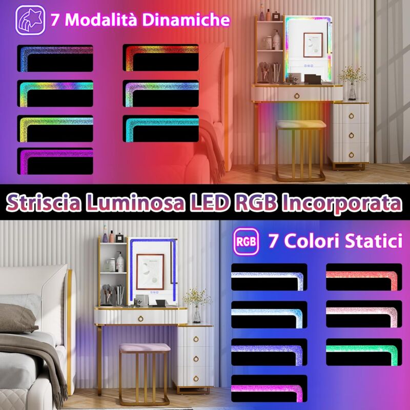 SIRHONA Toeletta Trucco Postazione Trucco con 12 Lampadine e Specchio 3 modalità di illuminazione Con 1 cassetto e sgabello Tavolo da Trucco Stile Moderno Nero 80 x 40 x 140cm