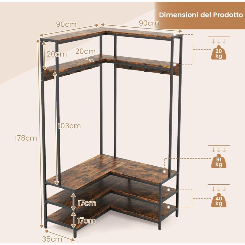 TINKLE WELL Appendiabiti 3 In 1 Con Panca, Ripiani E Organizer Per Scarpe - Telaio In Metallo 190x68,6x34 Cm, Nero - 2