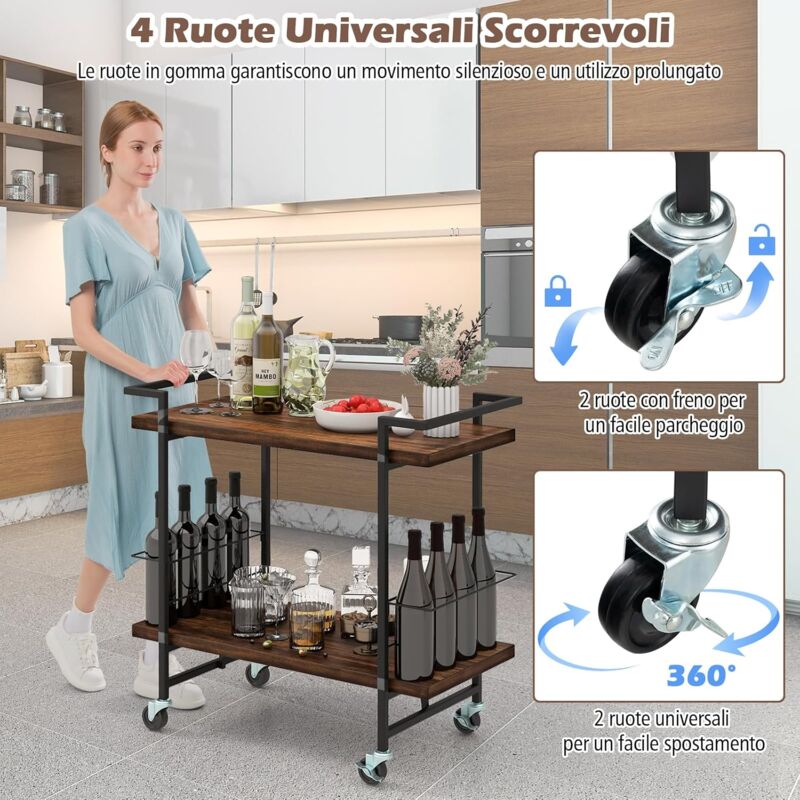 Carrello Bar Angolare 5 Ripiani Per Caffè, Con Cestello E Ganci, Per Cucina E Piccoli Spazi