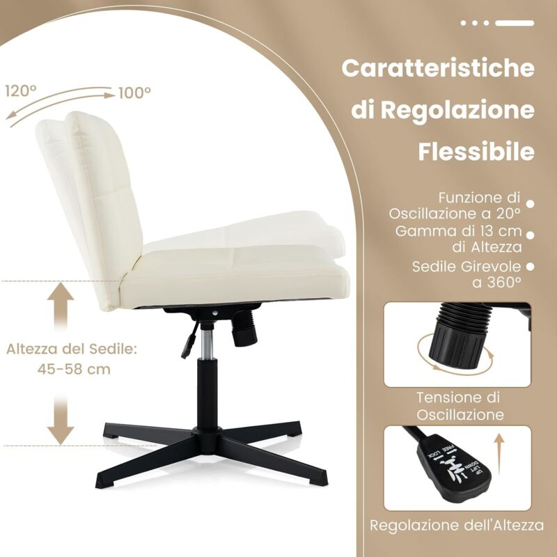 Sedia Da Ufficio Senza Braccioli Regolabile - Ergonomica Beige Con Base Incrociata - Foto 7