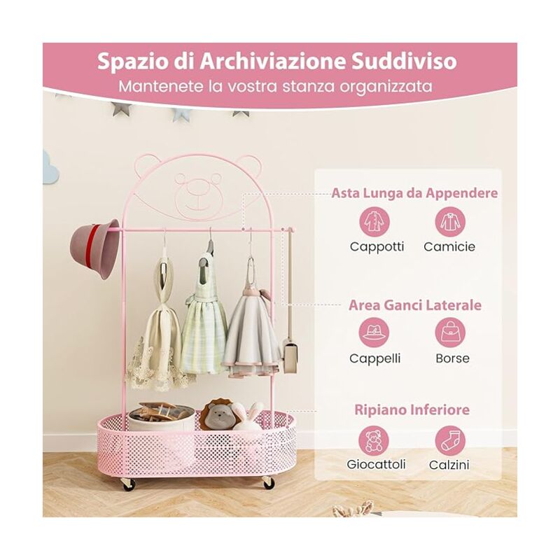 COSTWAY Appendiabiti per Bambini con 3 Altezze Regolabili, Supporto per Abiti con Ruote, con Asta e Cesto Portaoggetti in Ferro, per Stanza dei Bambini Soggiorno, 81x34x182 cm (Bianco