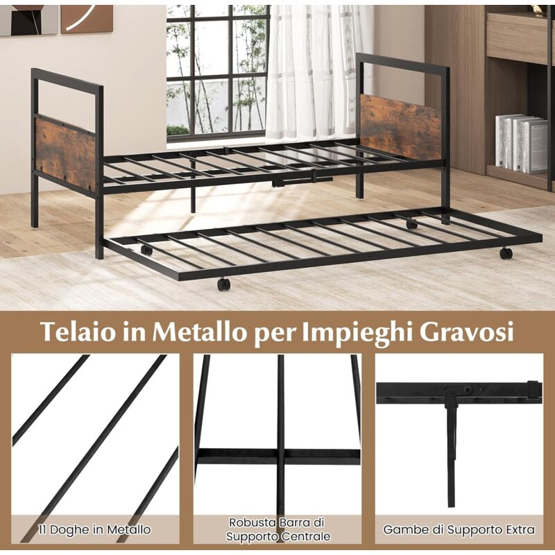 Telaio Letto VECELO 140x190 Cm – Con Testiera In Legno Marrone – Doghe Metalliche – Spazio Contenitore 31,5 Cm – Capacità 320 Kg