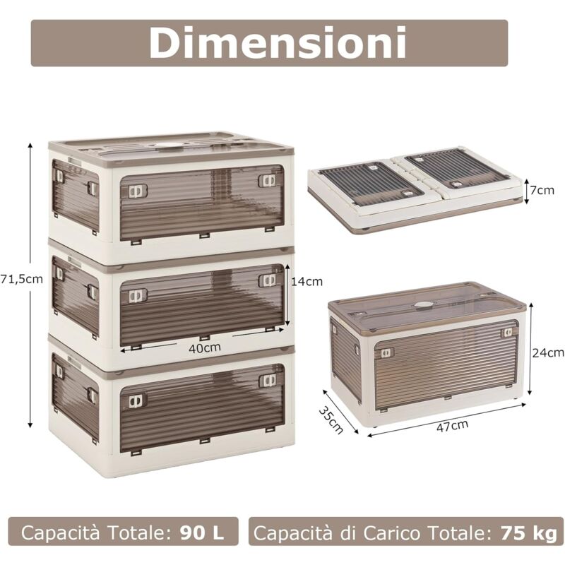 Set 3 Contenitori Impilabili Pieghevoli COSTWAY - Capacità 132/90 L, Con Ruote, Per Camera, Cucina, Soggiorno