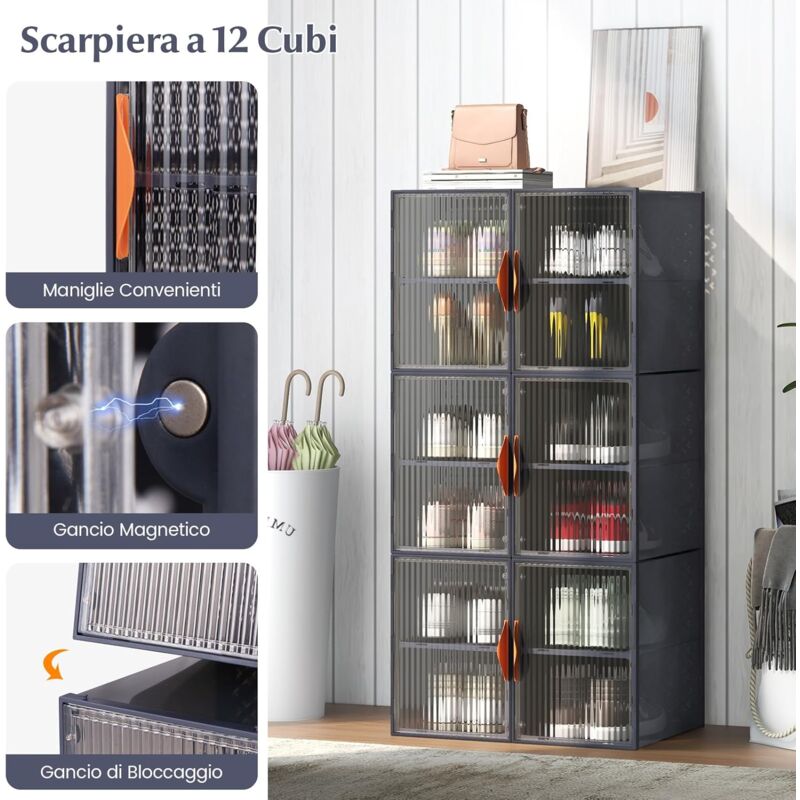 6 Contenitori Portaoggetti In Plastica 7 Litri Con Coperchi | Bianco Trasparenti Impilabili Con Fibbie Nere - 4