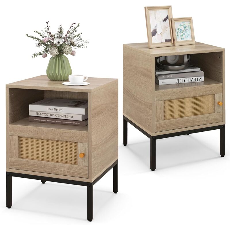 HOMCOM Comodino In Legno Con Anta In Rattan E Ripiano – Stile Naturale Per Camera Da Letto