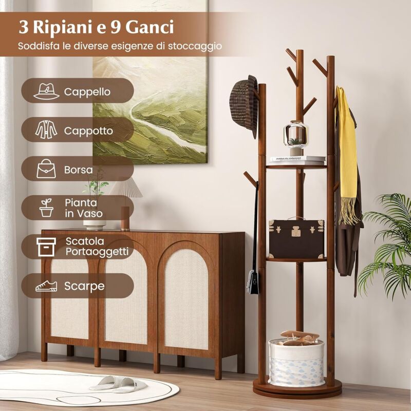 Appendiabiti A Forma Di Albero In Legno Massello, 11 Ganci, 3 Altezze Regolabili, Colore Noce Scuro. Perfetto Per Ingresso, Camera O Ufficio.