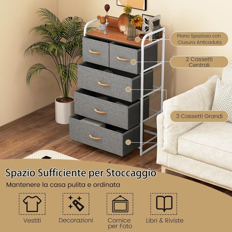 Cassettiera per camera da letto con 9 cassetti + 2 ripiani aperti: contenitore in tessuto, piano in legno + struttura in metallo, fantasia | Leroy Merlin