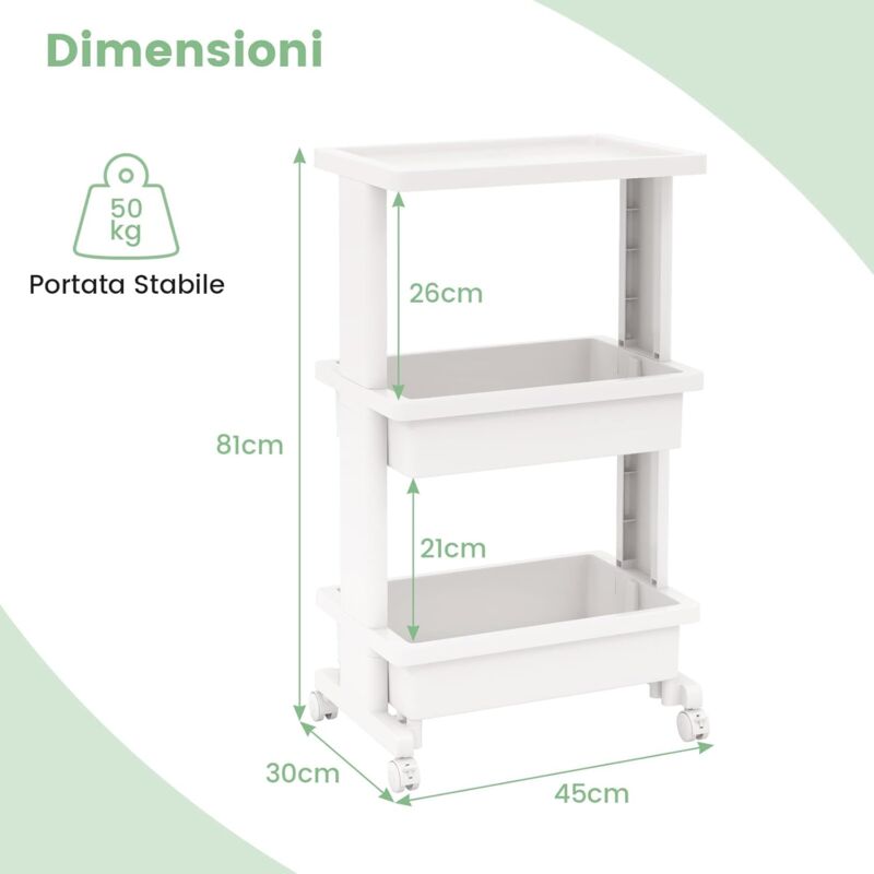 Carrello Multiuso A 3 Livelli, Carrello Organizzatore Di Stoccaggio Con 2 Cestini E 4 Ganci Ideale Per Ufficio Cucina Garage 52x33x75cm Gr 88802488