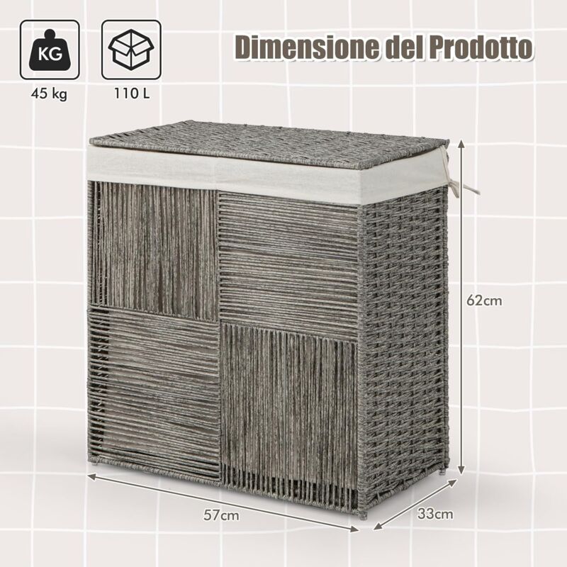COSTWAY 110 L Cesto Portabiancheria con Coperchio, Cesto per Bucato in Rattan con Comode Maniglie e Sacchetto Interno Rimovibile, per Camera da Letto Lavanderia Bagno, 27 x 33 x 62 cm
