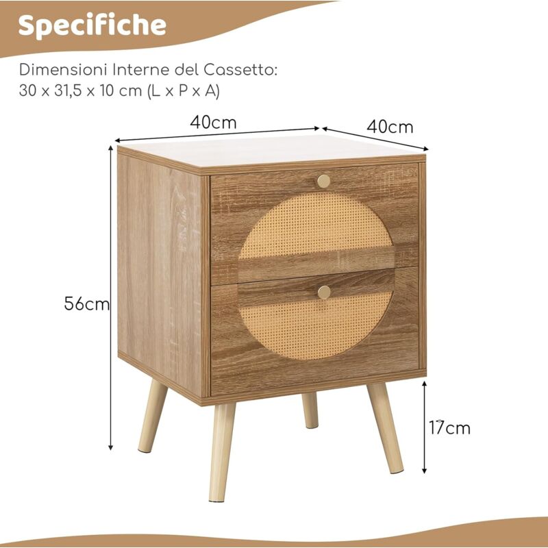 YAUKOMEL Set di 2 comodini in rattan, con cassetti decorati in rattan fatti a mano, comodino bohémien, tavolino in legno con spazio per piccoli spazi, soggiorno, camera da letto, naturale, CTG59Y-2